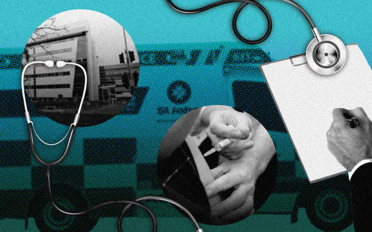 Composite graphic of medical imagery, healthcare, hospital, ambulance