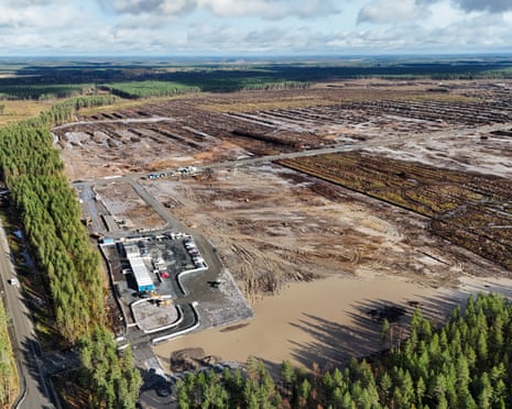 Aerial view of a vast flat plain surrounded by trees