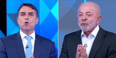 Flávio Bolsonaro (PL) e Lula (PT) participaram de debate promovido pela Globo nesta sexta-feira, 23 Foto: Reprodução/TV Globo