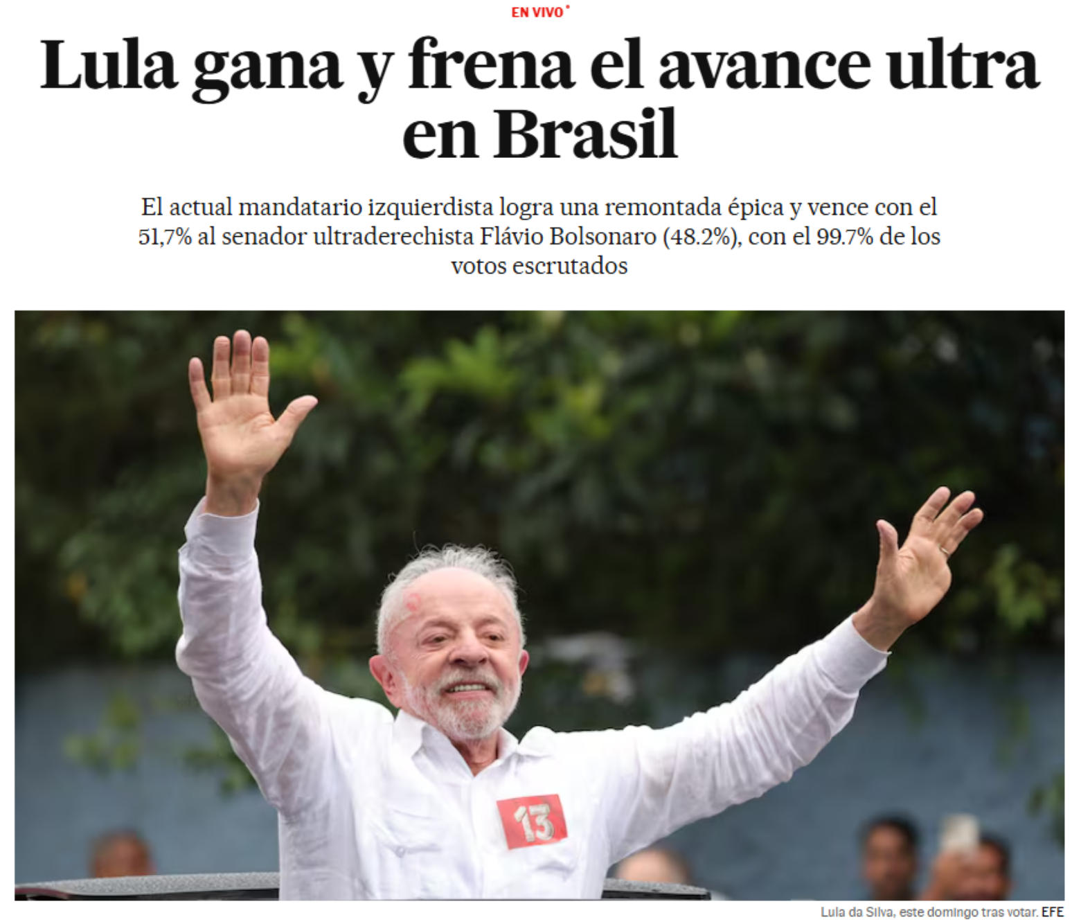 Manchete do jornal El País destaca "freio" na ultra-direita após vitória de Lula
