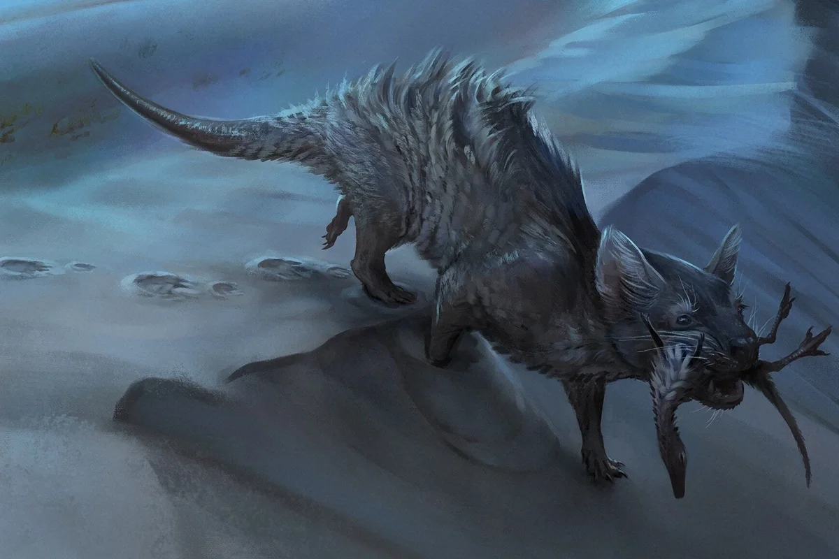 Desenhor colorido de um tipo de mamífero, que parece um rato gigante, com um animal de pequeno porte na boca - Metrópoles.