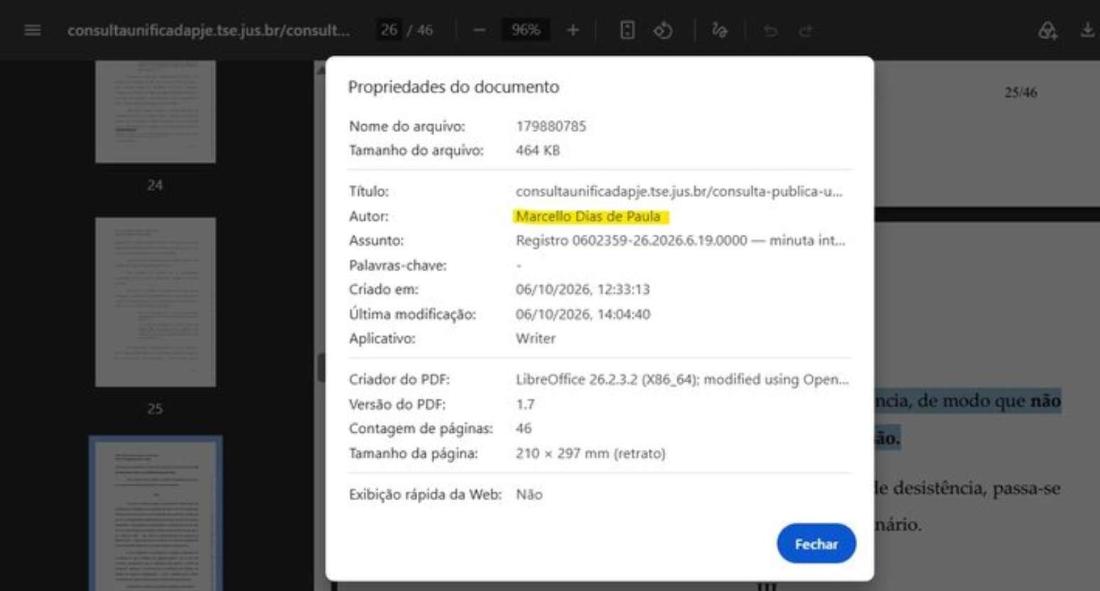 Advogado de Anthony Garotinho aparece como "autor" em metadados de parecer do vice-procurador-geral Eleitoral em processo no TSE