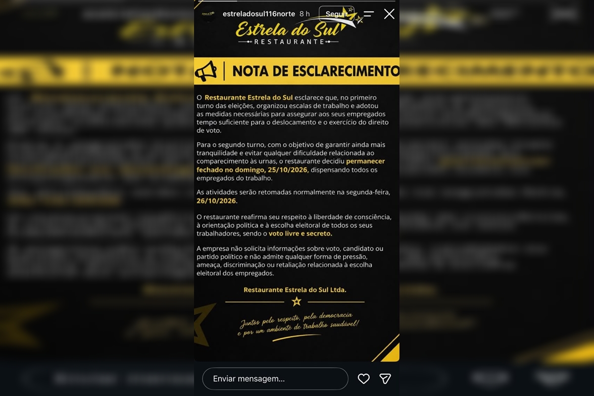 Restaurante fecha no 2º turno após denúncia de impedir equipe de votar