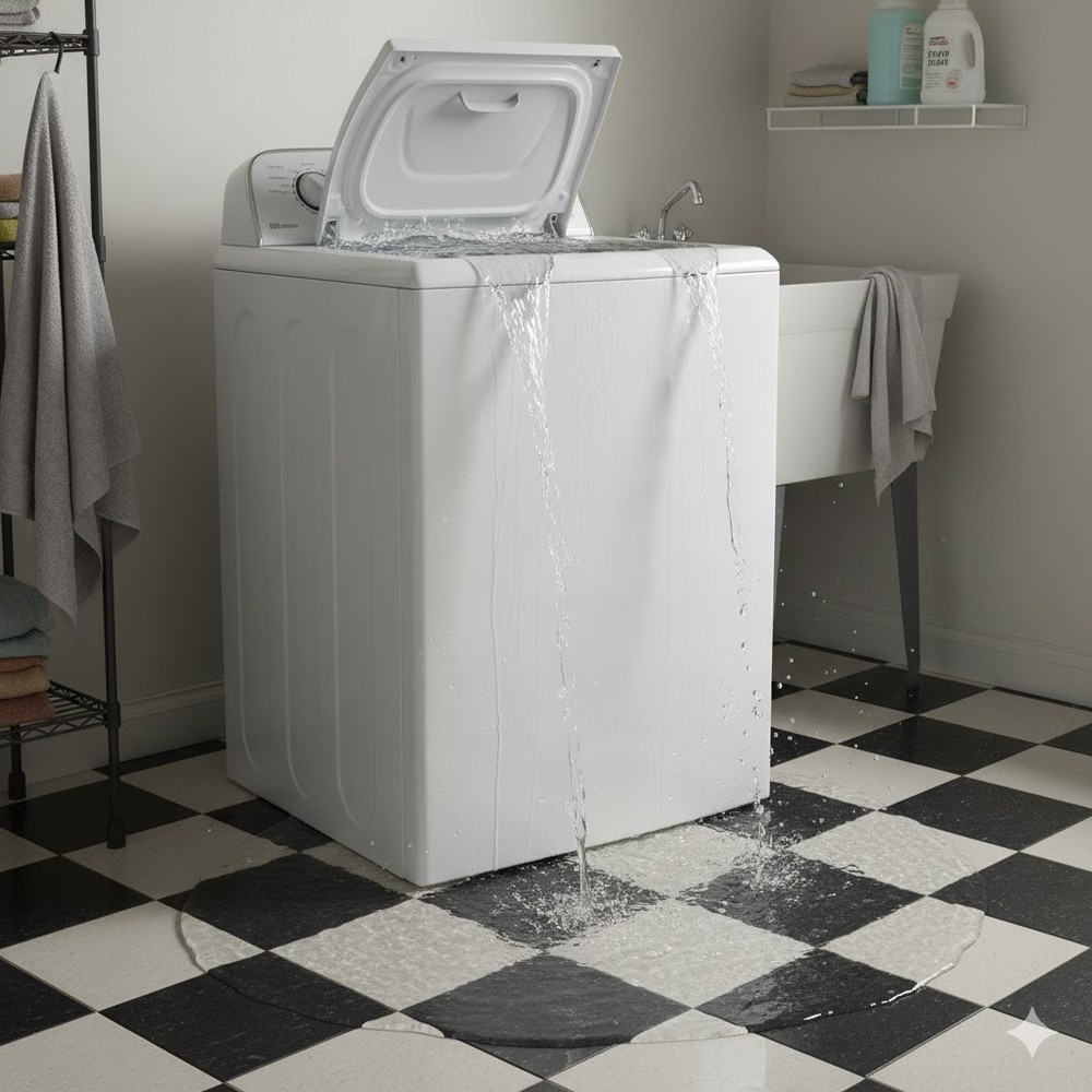 Máquina de lavar vazando água quando enche? Veja causas comuns — Foto: Reprodução/Mayara Souza com IA